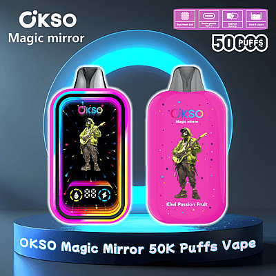 Två OKSO Magic Mirror vape-enheter visades upp, med färgglada designer och varumärken, med produktspecifikationer som framhävdes, inklusive kapacitet på 50 000 bloss, dubbel mesh-spole och laddningsbart batteri.