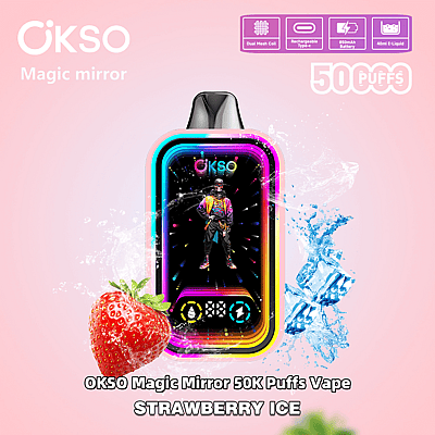 Reklambild av OKSO Magic Mirror 50K Puffs Vape Strawberry Ice-smak med en livfull design med jordgubbs- och is-tema-grafik tillsammans med produktspecifikationer i bakgrunden.