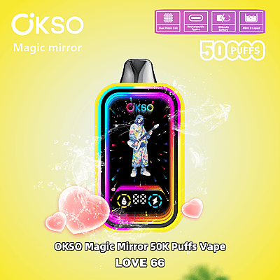 Reklambild av smaken OKSO Magic Mirror 50K Puffs Vape in Love 66, med en färgglad design med vapingspecifikationer som dubbel mesh-spole och kompatibilitet med laddningsbar Type-C.