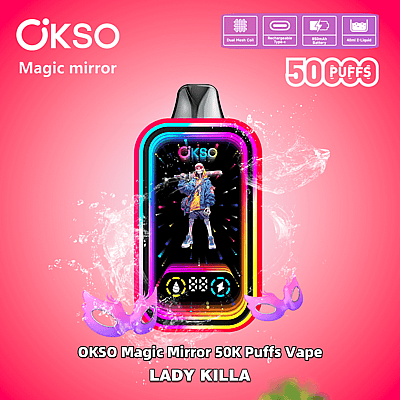 Reklambild av OKSO Magic Mirror 50K Puffs Vape med en färgglad design med dubbel mesh-coilteknik, laddningsbart batteri, 40 ml e-vätska och märkningen "Lady Killa" på en livfull rosa bakgrund.