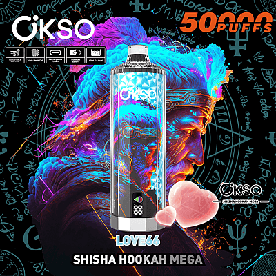 Reklambild som visar OKSO Shisha Hookah Mega med färgglada lågor och abstrakt grafik, som framhäver dess funktioner som justerbart luftflöde, laddningsbart batteri och kapacitet på 50 000 bloss.