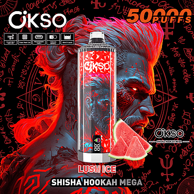 Reklambild med OKSO Shisha Hookah Mega-enheten märkt "Lush Ice", som visar livfull röd och blå grafik och markerade funktioner som justerbart luftflöde och ett uppladdningsbart batteri med en kapacitet på 50 000 bloss mot en mörk, konstnärlig bakgrund med stiliserade symboler.