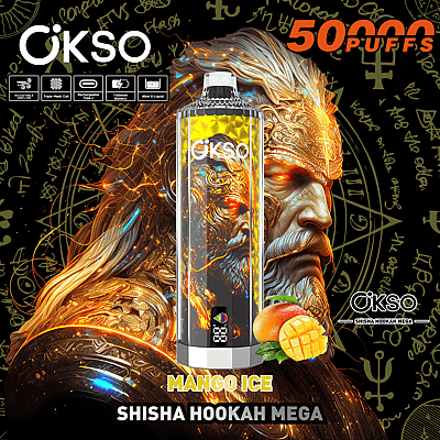 Reklambild med en shisha-vape med mangosmak och specifikationer som 50 000 bloss, justerbart luftflöde och laddningsbart batteri, mot en konstnärlig, eldig design med mystiska symboler.