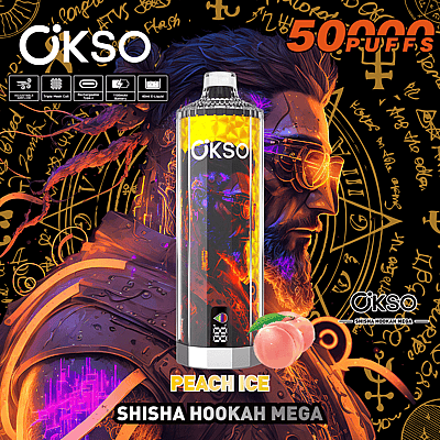 Reklambild för OKSO Shisha Hookah Mega i smaken Peach Ice, med livfulla orange och svarta mönster, produktspecifikationer och en detaljerad tematisk bakgrund med mystiska symboler och ett stiliserat porträtt.