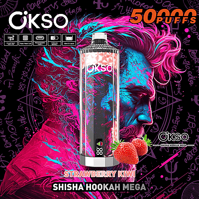 Reklambild av OKSO Shisha Hookah Mega med 50 000 bloss i livfulla färger och detaljer med jordgubbs-kiwi-smak.