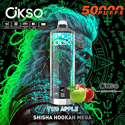 Reklambild för OKSO Shisha Hookah Mega, som visar en vape-enhet med smak av två äpplen, glödande neongröna accenter och mystiska grafiska element.