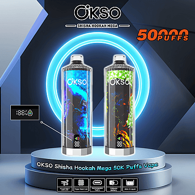 OKSO Shisha Hookah Mega vape-produktannons som visar upp två vape-enheter med konstnärliga designer, upplysta av en ring av blått ljus, med funktioner som justerbart luftflöde, trippel mesh-spole, laddningsbart typ-C-batteri och ett 1100 mAh-batteri för 50 000 bloss.