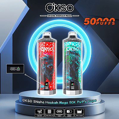 Reklambild som visar två OKSO Shisha Hookah Mega 50K Puffs Vape-enheter, en med röd och en med blå konstverk, tillsammans med produktfunktioner och varumärke i en futuristisk design.