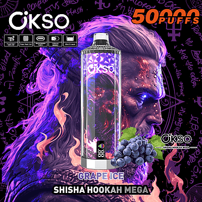 Reklambild för Okso Shisha Hookah Mega i smaken Grape Ice med lila och eldiga designelement, som framhäver 50 000 bloss och tekniska specifikationer som justerbart luftflöde och laddningsbara funktioner.