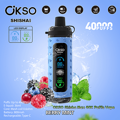 Reklampresentation av OKSO Shisha Max Berry Mint vape, som visar upp dess funktioner som LED-display, 40 000 blosskapacitet, justerbart luftflöde och laddningsbart batteri, med designdetaljer i bär och mint.
