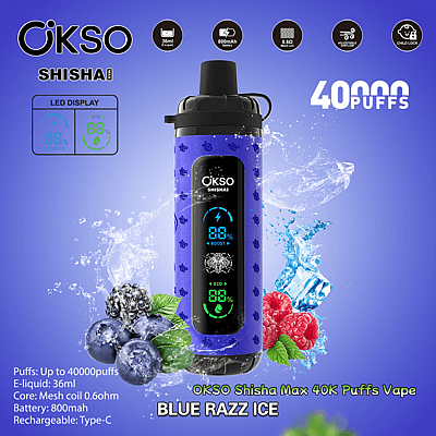 Reklambild för OKSO Shisha Max vape-enhet i smaken Blue Razz Ice, med en blå design med LED-display, fruktgrafik och specifikationer som 40 000 bloss, 36 ml e-vätska och 800 mAh batteri.