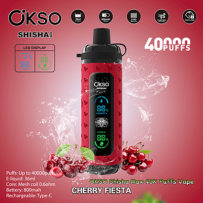 Reklambild som visar OKSO Shisha Max 40K Puffs Vape-enheten i smaken Cherry Fiesta, med funktioner som LED-display, upp till 40 000 bloss, 36 ml e-vätskekapacitet, 800 mAh uppladdningsbart batteri och mesh-coil markerad med dekorativa körsbär på en röd bakgrund.