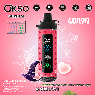 Reklambild av OKSO Shisha Max 40K Puffs Vape i rosa, med LED-display, detaljerade produktspecifikationer och dekorativ grafik med hjärta och trollkarlshatt på en rosa bakgrund.
