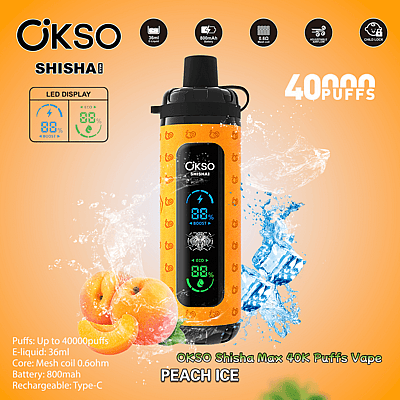 Reklambild av OKSO Shisha Max 40K Puffs Vape i smaken Peach Ice, med en orange design med persikosymboler, LED-display och vattenstänk, tillsammans med specifikationer som 800mAh batteri och 36 ml e-vätska.
