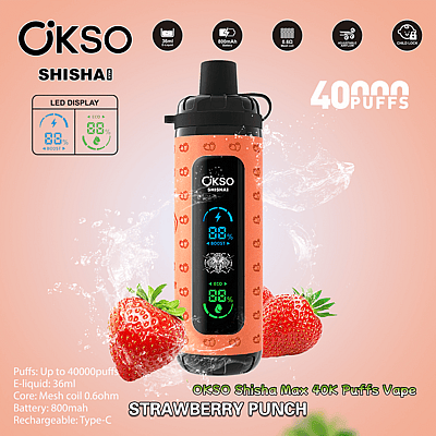 Reklambild för OKSO Shisha Max 40K Puffs Vape i smaken Strawberry Punch, med en detaljerad orangefärgad enhet med LED-display och specifikationer som 36 ml e-vätska, laddningsbart batteri och barnlås.