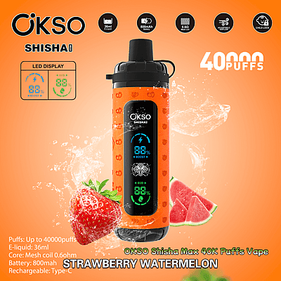 Reklambild av OKSO Shisha Max 40K Puffs Vape i smak av jordgubb och vattenmelon, som visar upp dess orangea design med displayfunktioner, tillsammans med produktikoner som framhäver specifikationer som 36 ml e-vätska och 800 mAh batteri.