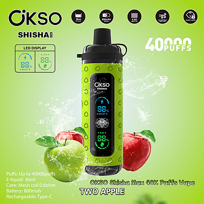 Grön OKSO Shisha vape-enhet med LED-display, omgiven av röda och gröna äpplen, med text som anger specifikationer som kapacitet på 40 000 bloss och smaken av två äpplen.