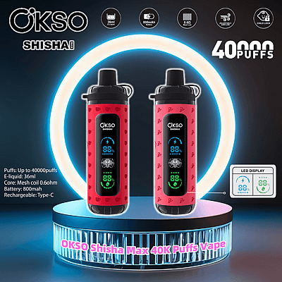 Reklambild av OKSO Shisha Max 40K Puffs vape i rött, som visar dess e-vätskekapacitet, batterispecifikationer och LED-displayfunktioner.