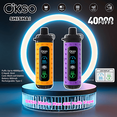 Två OKSO Shisha Max vape-enheter i orange och lila färger, med en digital LED-display och specifikationer som 40 000 bloss, 36 ml e-vätska, 800 mAh batteri, laddningsbar typ-C-port, visas mot en futuristisk bakgrund.