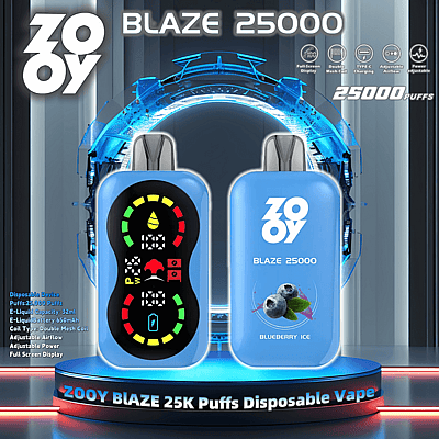 Promotional image of the ZOOY Blaze 25000 disposable vape, featuring two devices with a 25000-puffs capacity, highlighted display features, and blueberry ice flavor branding.