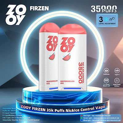 Promotional image displaying two ZOOY FIRZEN disposable vape devices in Watermelon Ice flavor, labeled with 35,000 puffs capacity, adjustable nicotine and ice levels, and supported by technical specifications like 550mAh battery and Type-C charging.