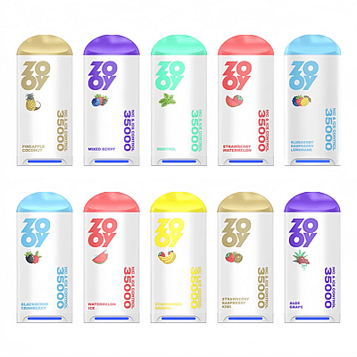 Elva färgglada vape-enheter av märket Zooey arrangerade i två rader, var och en med en distinkt smakillustration och namn, såsom Pineapple Coconut och Aloe Grape.