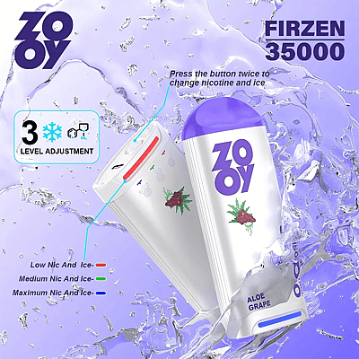 Reklambild som visar två elektroniska vaping-enheter märkta "ZOY" med grafik av aloe vera-druvor, justerbara nikotin- och isnivåer, mot en bakgrund av lila och stänkande iskristaller.