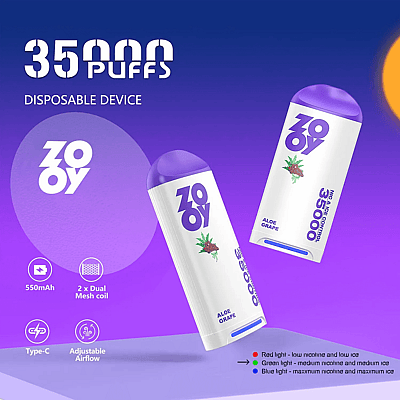 Grafisk reklam för ZOOY engångsvape-enheten med smak av aloe vera-druva och detaljerad kapacitet på 35 000 bloss med funktioner som 550 mAh-batteri, dubbla mesh-spolar, typ-C-laddning, justerbart luftflöde och indikatorlampor för nikotin- och isnivåinställningar.