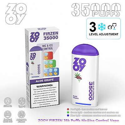 Produktbild som visar Zoooy Firzen 35000 Aloe Grape vape, med justerbara nikotin- och isnivåer, med förpackning inklusive produktspecifikationer och varningar.