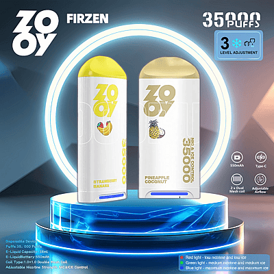 Två Zooy Firzen engångsvaping-enheter med kapacitet på 35 000 bloss, med smakerna jordgubb, banan och ananas, kokos, visas på en lysande cirkulär piedestal med produktspecifikationer listade i närheten.