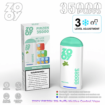 En reklambild av ZOOY FIRZEN 35000 puffs Nic & Ice Control Vape i mentolsmak, som visar enheten, förpackningen, justerbara nikotin- och kylningsinställningar samt produktinformation och varningar.