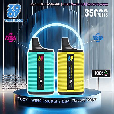 Imagen promocional con dos dispositivos de vapeo desechables Zooy Twins 35000 en verde y amarillo, que muestran características como 35 000 bocanadas, batería de 650 mAh, bobinas de malla dual, pantalla inteligente y opciones de sabor dual.
