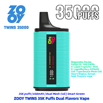 A promotional image for the Zooy Twins 35,000 Puff Disposable Vape, featuring a turquoise device with a smart display screen showing dual flavors, Strawberry Kiwi and Mixed Berry. The product is described as having a 650mAh battery, 36ml e-liquid capacity, dual mesh coil technology, and supporting 35,000 puffs.