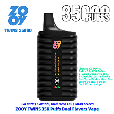 Promotional image for the ZOOY TWINS 35000 disposable vape device, featuring dual flavors, a 35,000 puff capacity, 650mAh battery, 36ml e-liquid capacity, and a smart display screen.