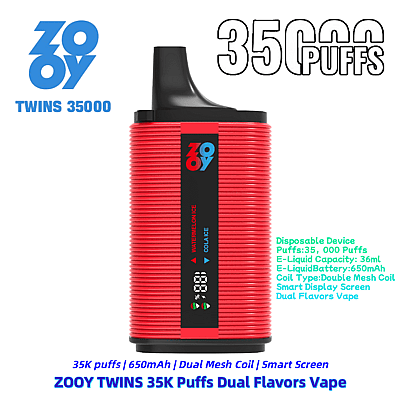A promotional image for the ZOOY TWINS 35000 puffs dual-flavor vape device. The red vape features a black strip displaying flavor indicators 'Watermelon Ice' and 'Cola Ice' and includes a digital screen. Specifications such as 36ml e-liquid capacity, 650mAh battery with dual mesh coil, and a smart display are highlighted alongside large text stating '35000 Puffs.'