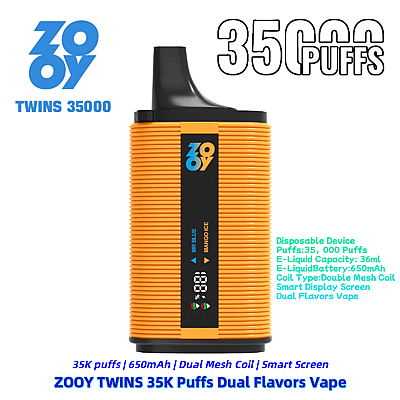Promotional image of the ZOOY TWINS 35K Puffs disposable vape device in orange color, featuring dual flavors, a smart display, 35,000 puffs capacity, and detailed specifications including a 650mAh battery and 36ml e-liquid capacity.