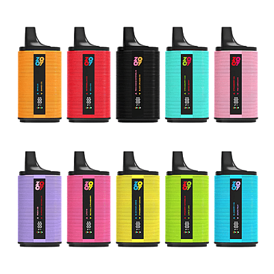 A grid display of ten colorful vape devices with ribbed designs and black mouthpieces, each featuring a digital display and unique color combination.