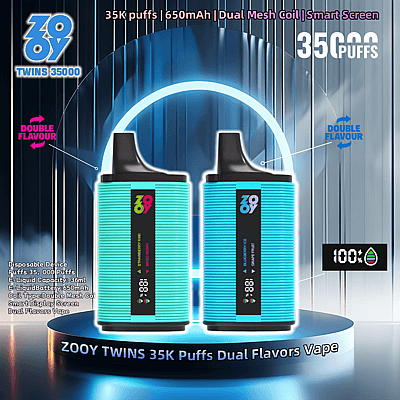 Promotional image for the ZOOY TWINS disposable vape device, showcasing its blue and black sleek design with a digital display; highlights include 35,000 puffs, 650mAh battery, dual mesh coils, smart screen, and dual flavor options such as 'Energy Berry Mint' and 'Blueberry Ice Grape Fruit.'