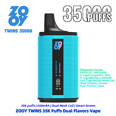 A promotional image of the ZOOY Twins 35000 Puff disposable vape device, featuring a dual-mesh coil and smart display screen in a blue ribbed design, capable of dual flavors, Blueberry Ice and Grape Fruit.