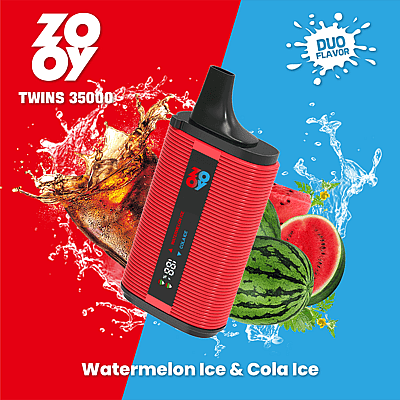 Promotional image for Zooy vape device featuring dual flavors Watermelon Ice and Cola Ice, with colored background and flavor-associated visuals.