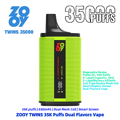 Promotional image of the ZOOY Twins 35000 disposable vape featuring dual flavors, a 650mAh battery, a capacity of 36ml for e-liquid, and support for up to 35,000 puffs.