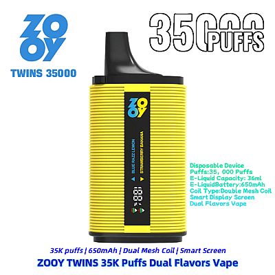 Promotional image for the ZOOY Twins 35000 vape device featuring a yellow cylindrical design with a black mouthpiece, dual flavors (Blue Razz Lemon and Strawberry Banana), capacity of 35,000 puffs, a 650mAh battery, and a smart display screen.