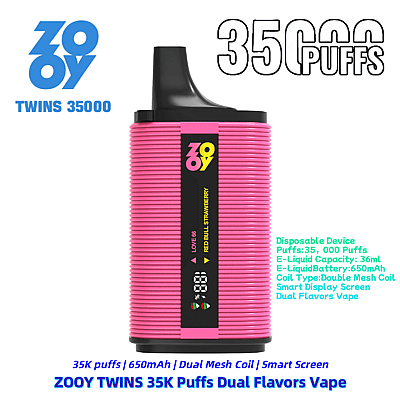 A pink ZOOY Twins 35K disposable vape featuring a dual-flavors function, a digital display screen, and a puff capacity of 35,000.