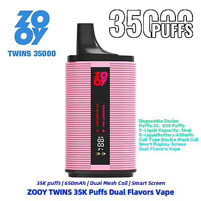 A promotional image of the ZOOY TWINS 35K Puffs Dual Flavors Vape showing a pink disposable vape device with a sleek design, dual mesh coil system, smart screen, 650mAh battery, and dual flavors: Strawberry Ice and Pink Lemonade, highlighting its capacity to deliver 35,000 puffs.