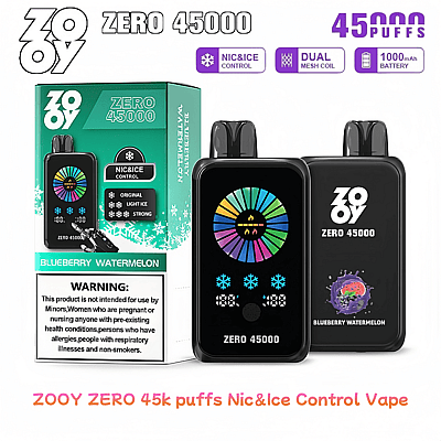 Imagen promocional del dispositivo de vapeo electrónico ZOOY ZERO con 45.000 bocanadas, sabor a sandía y arándano, ajustes de control Nic&Ice y tecnología de bobina de malla dual.