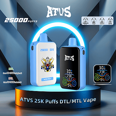 Promotional image of ATVS 25K Puffs DTL/MTL Vape featuring two vape devices, detailed specifications, and visual icons.