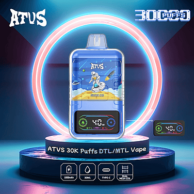 Image promotionnelle colorée de l'appareil de vapotage ATVS 30 000 bouffées DTL/MTL présentant son design bleu, ses boutons de commande et sa marque, entourés d'anneaux lumineux et de spécifications de produit.