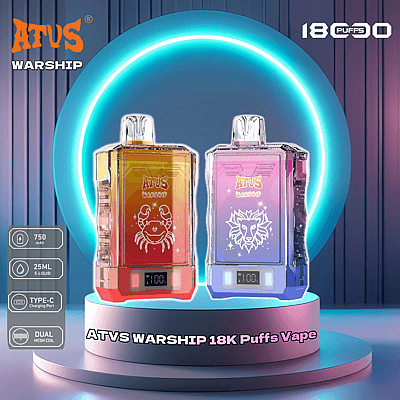 Product advertisement featuring two ATVS Warship disposable vapes with LED displays and colorful designs, set against a modern neon-accented background, showcasing specifications like 750mAh capacity, 25mL e-liquid storage, Type-C charging, and mesh coils for 18,000 puffs.