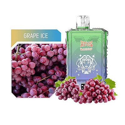 A bottle of Atus Warship vape juice with the flavor 'Grape Ice,' displayed alongside fresh purple grapes and grape clusters in a backdrop.
