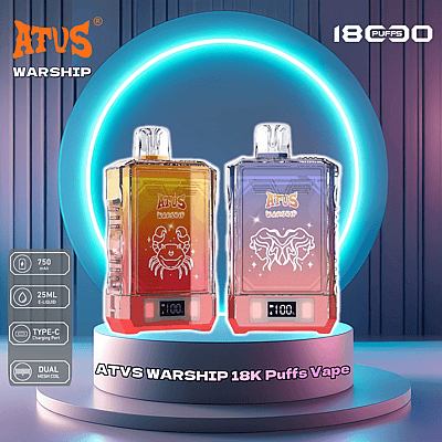 Promotional image displaying two ATVS Warship vape devices, featuring colorful designs with transparent casings and digital screens, placed on a platform with a glowing ring background; labeled with product specifications such as 18,000 puffs and a 750mAh battery.